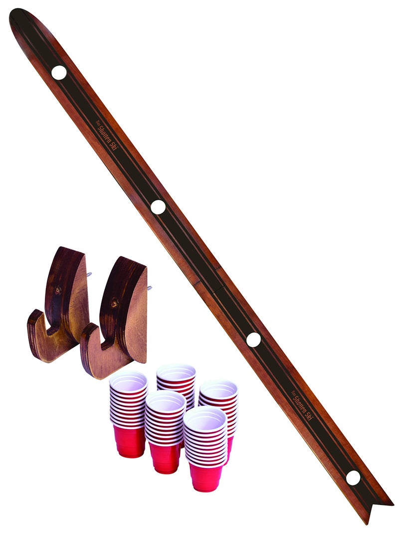 GoPong Das Shotten Ski - Rustic Wood 4 Person Drinking Ski with 50 Plastic Shot Glasses - Image 1